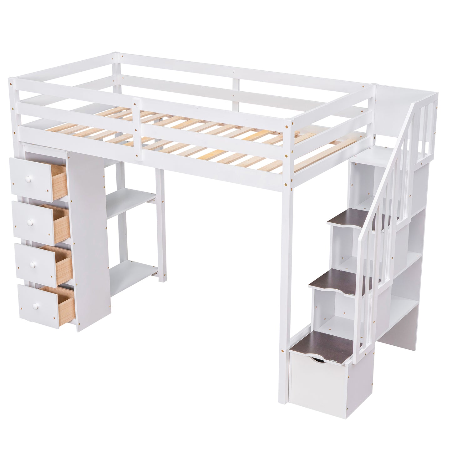 White loft bed with drawers and stairs