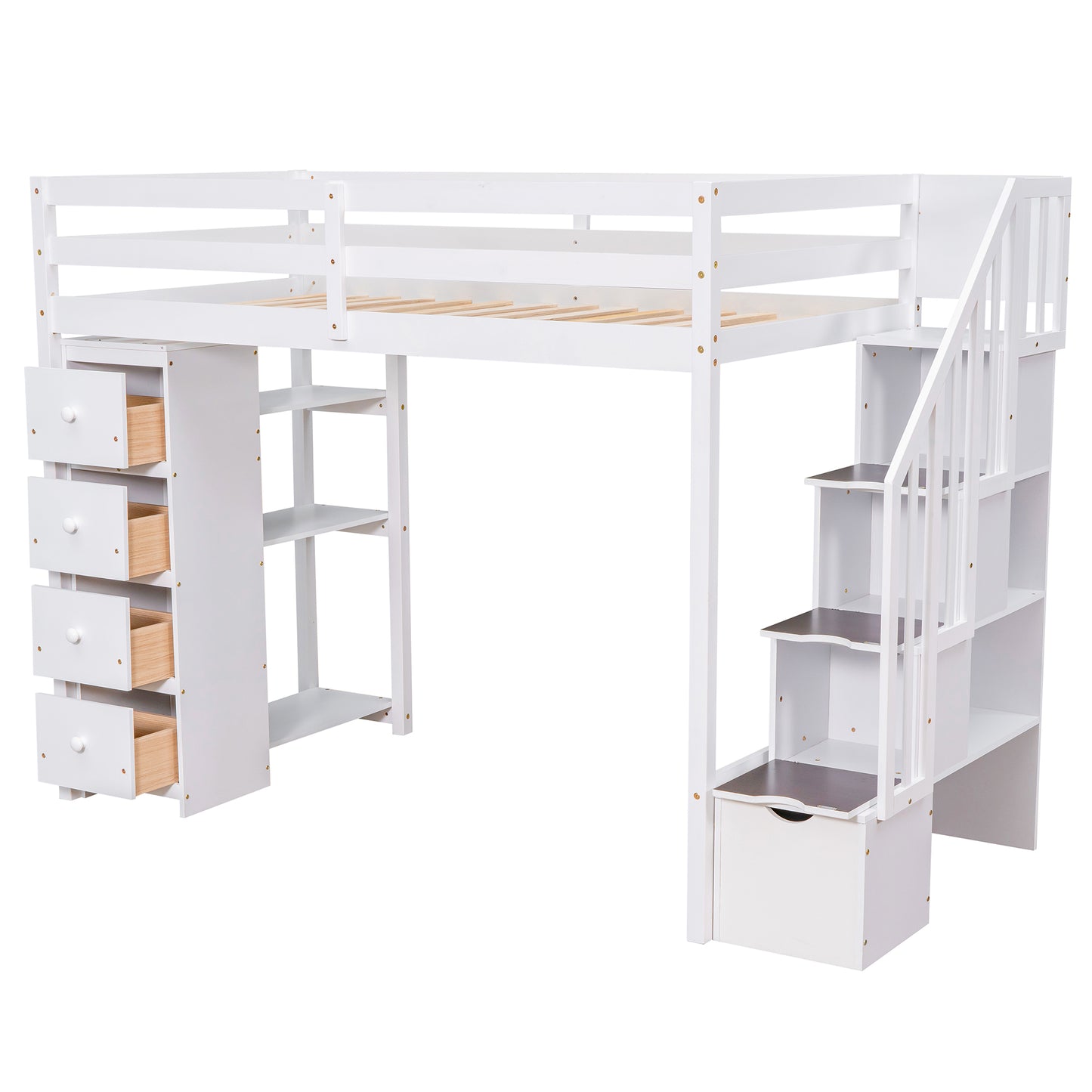 White wooden loft bed with storage drawers and stairs