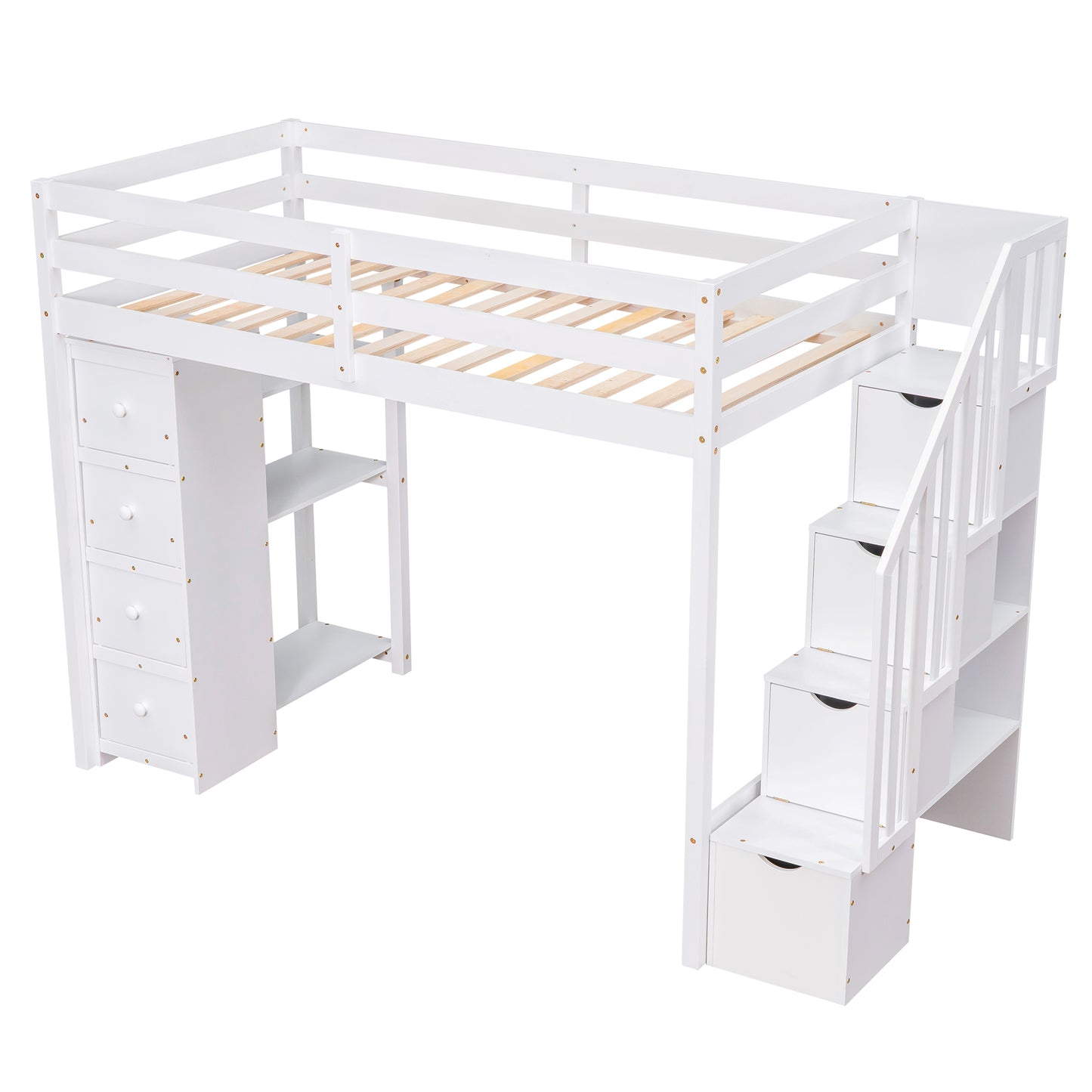 White wooden loft bed with integrated storage drawers and shelves