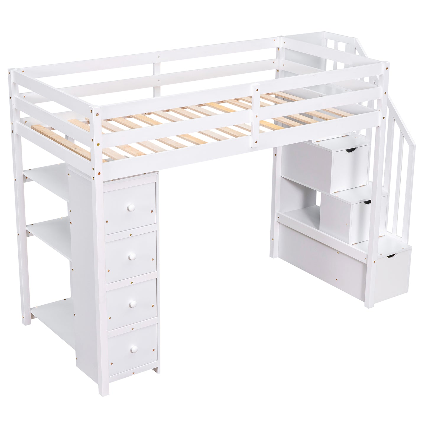 White wooden loft bed with stairs and integrated drawers