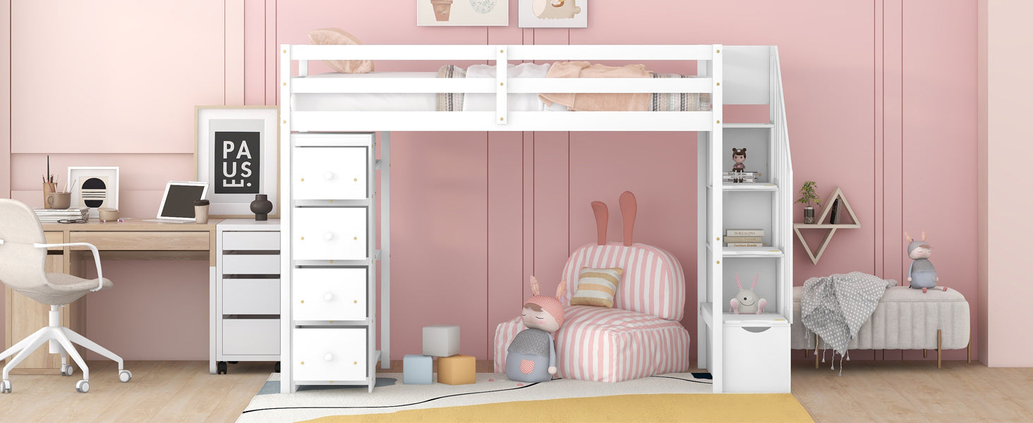 White wooden loft bed with stairs featuring integrated storage drawers for a childs room