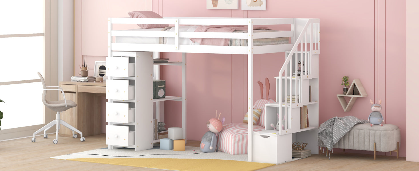 White wooden loft bed with stairs and drawers for kids room
