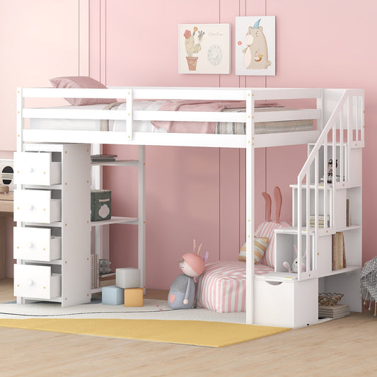 White loft bed with stairs and storage drawers