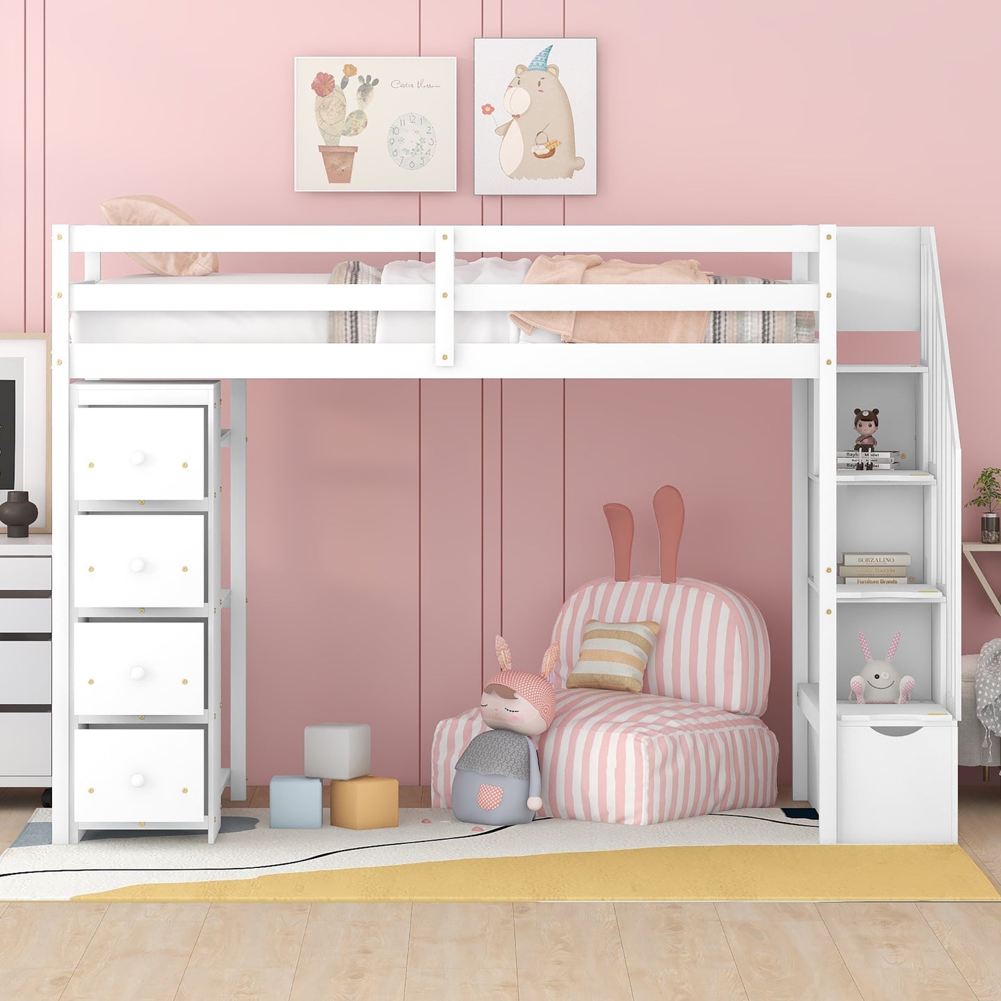 White twin loft bed with integrated drawers and shelving