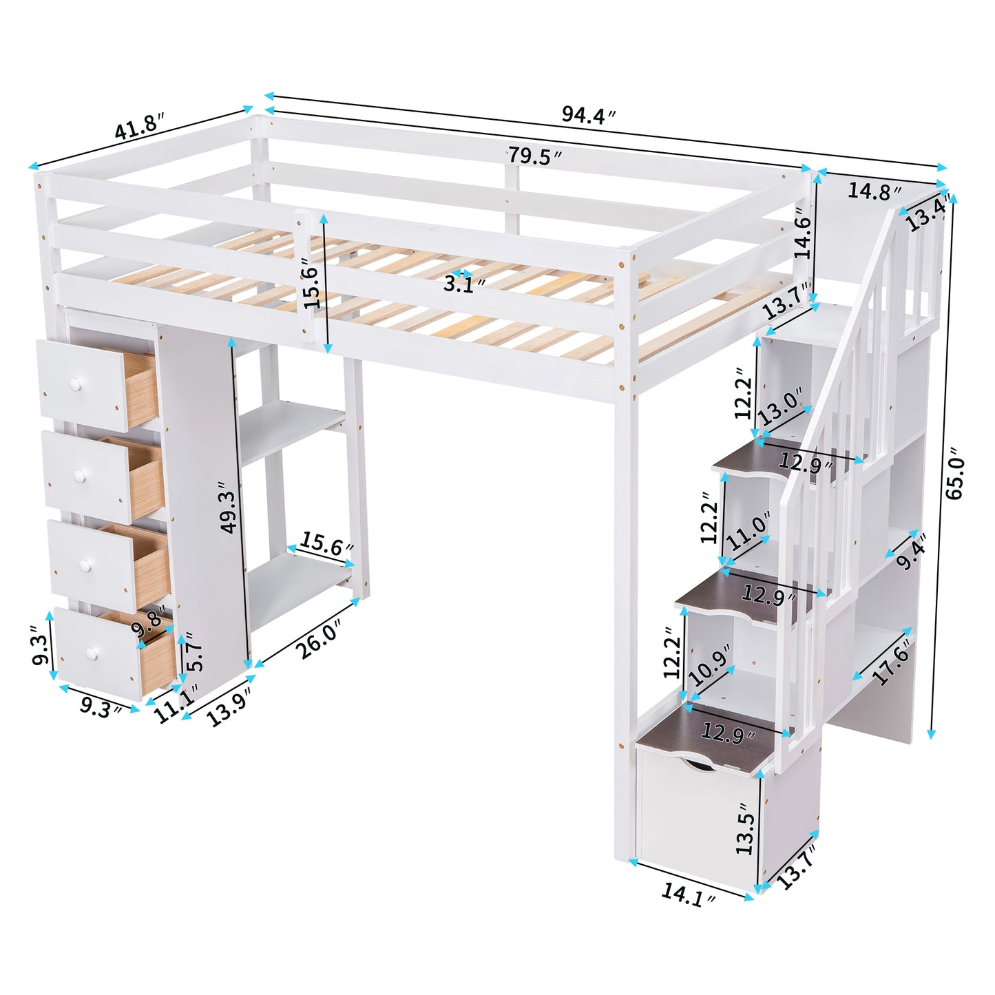 White loft bed with stairs and storage drawers