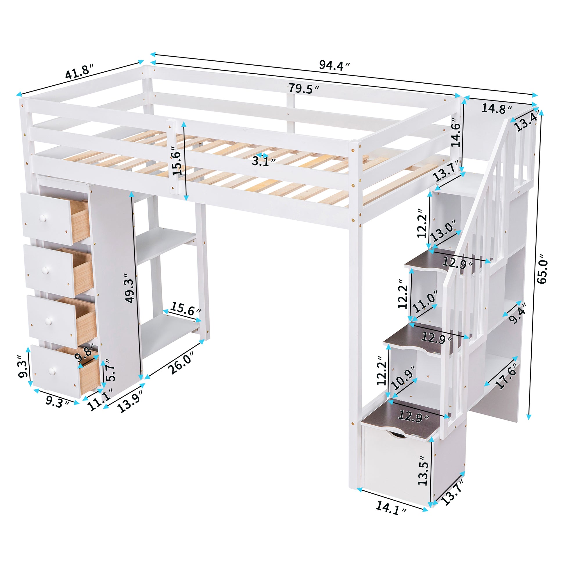 White loft bed with stairs and storage drawers