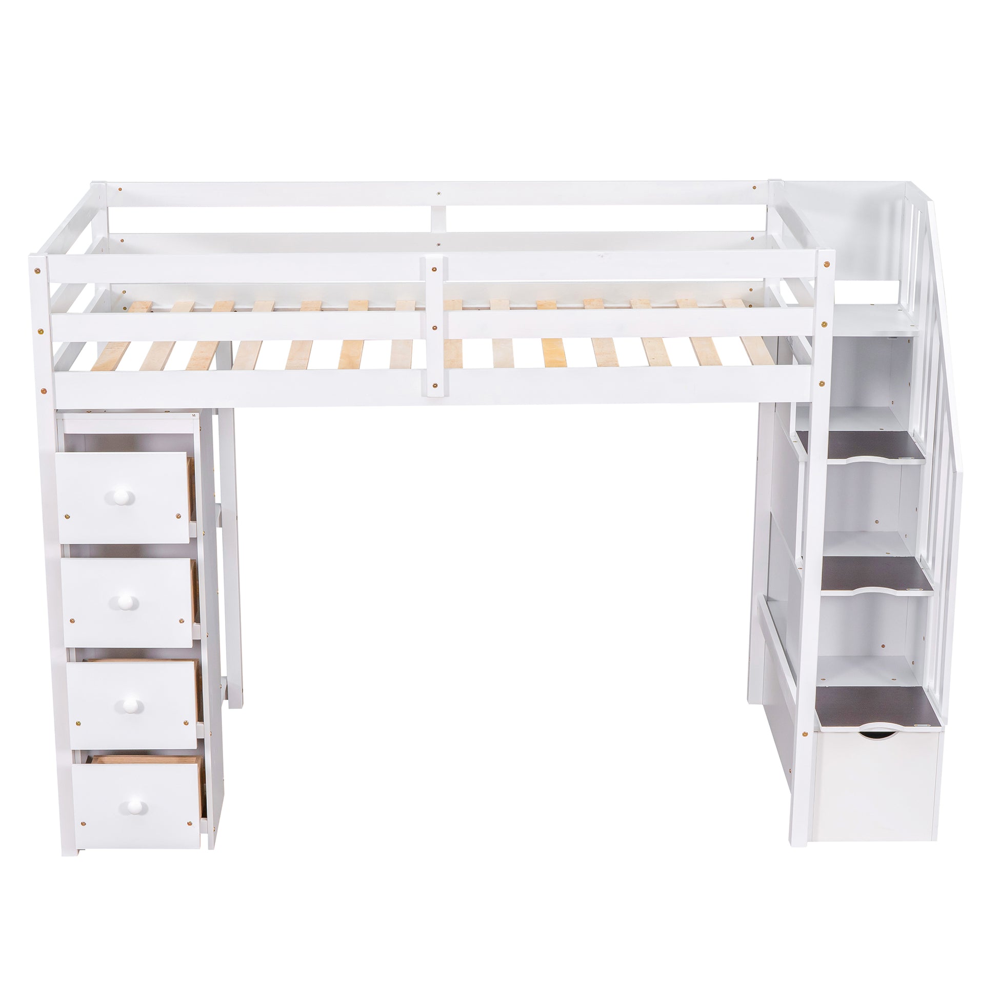 White wooden loft bed with drawers and stairs