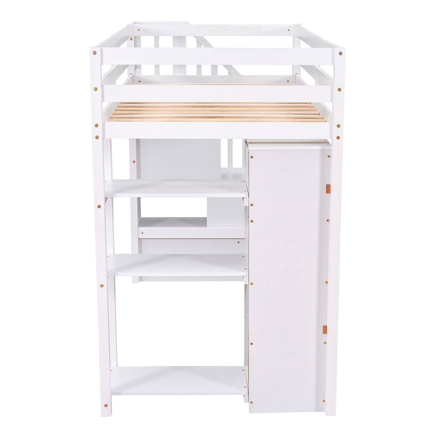 White wooden loft bed with integrated shelves and closet