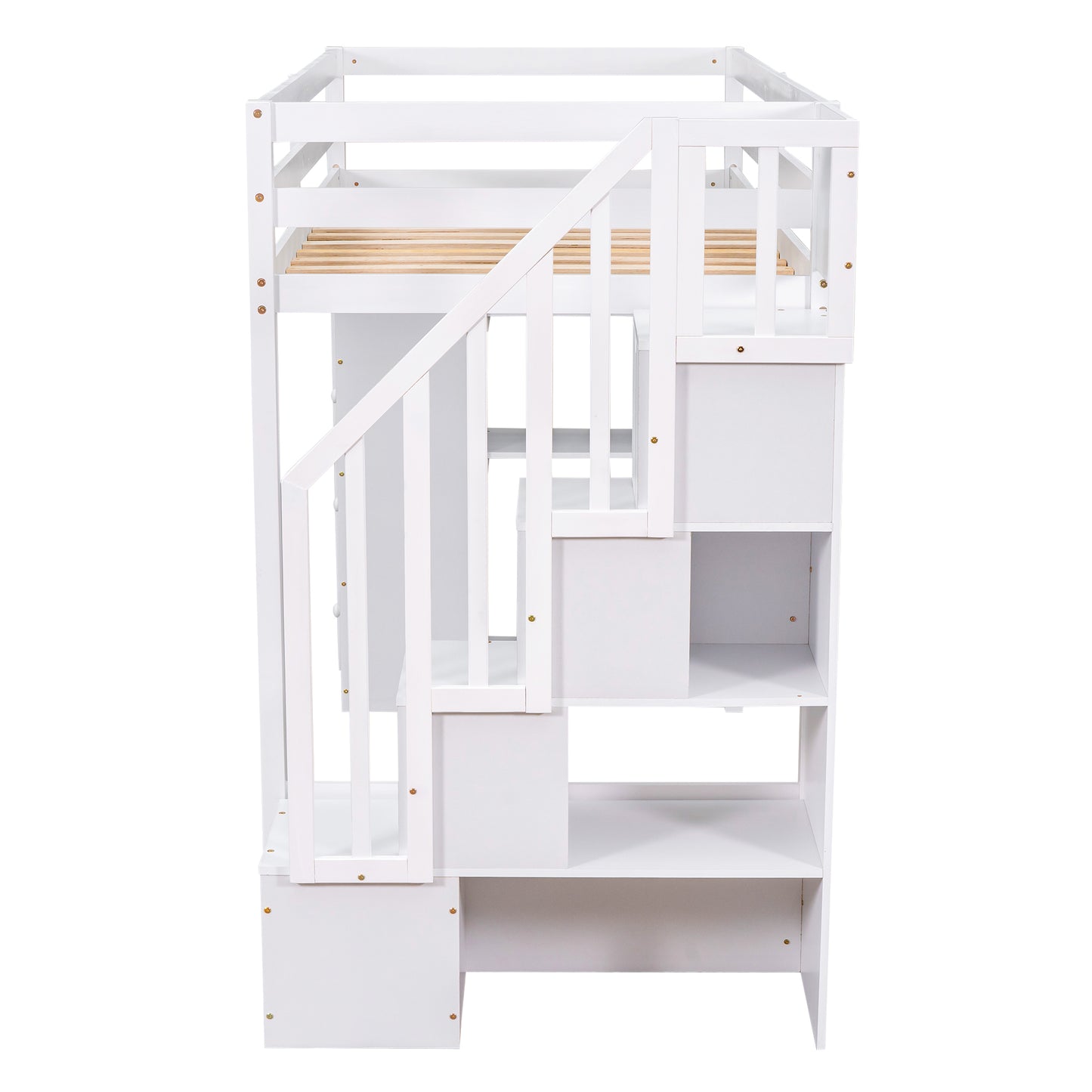White loft bed with stairs and storage shelves