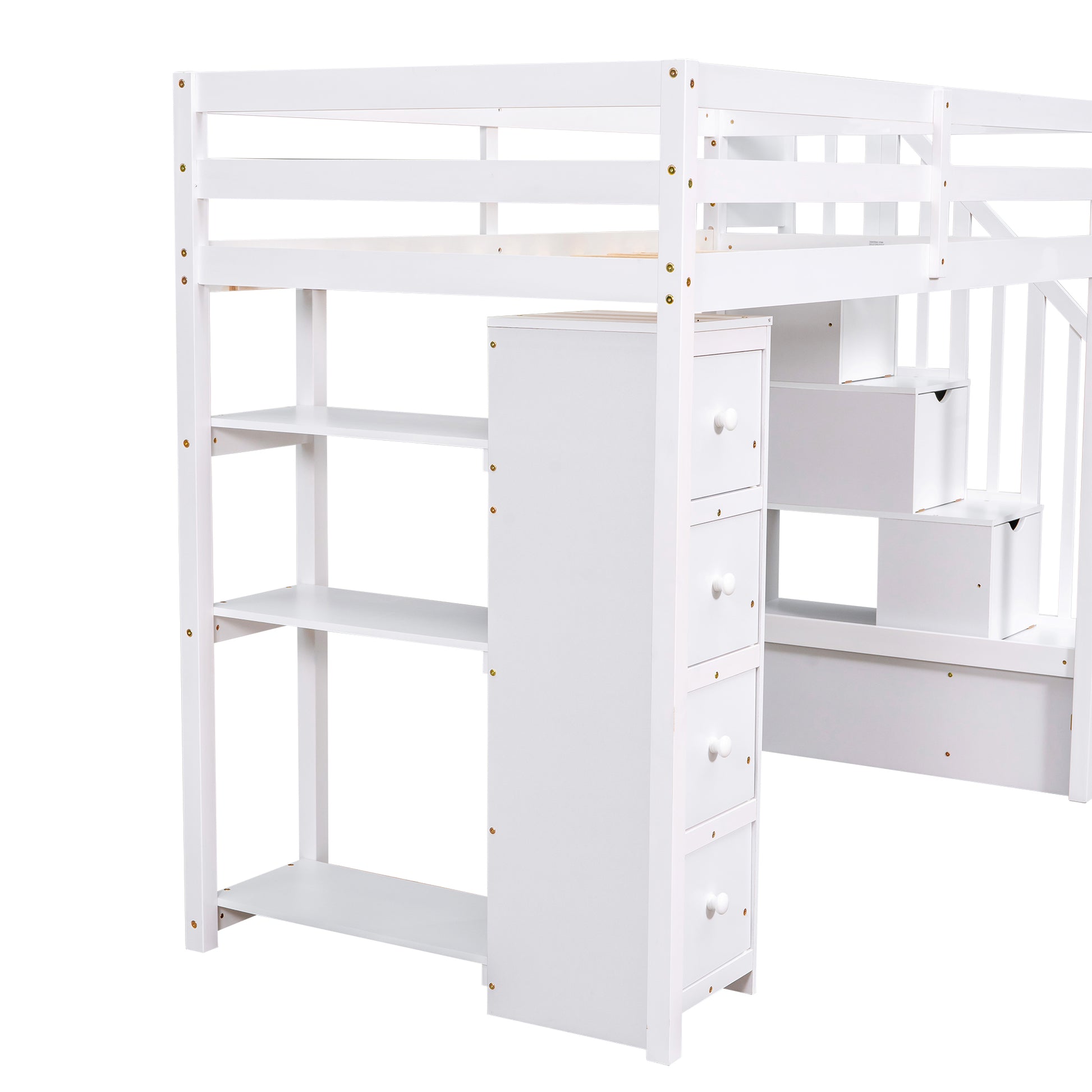 White wooden loft bed with integrated shelves and drawers
