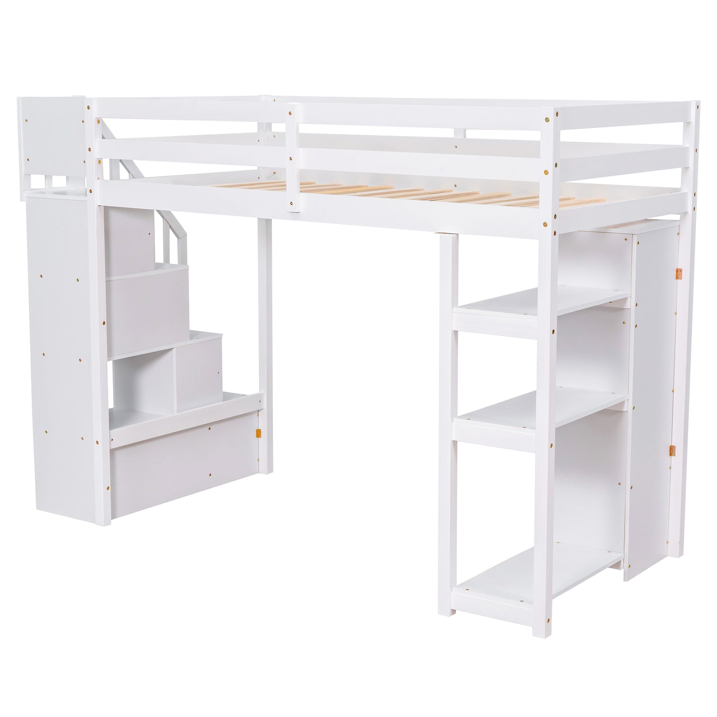 White wooden loft bed with stairs and shelves