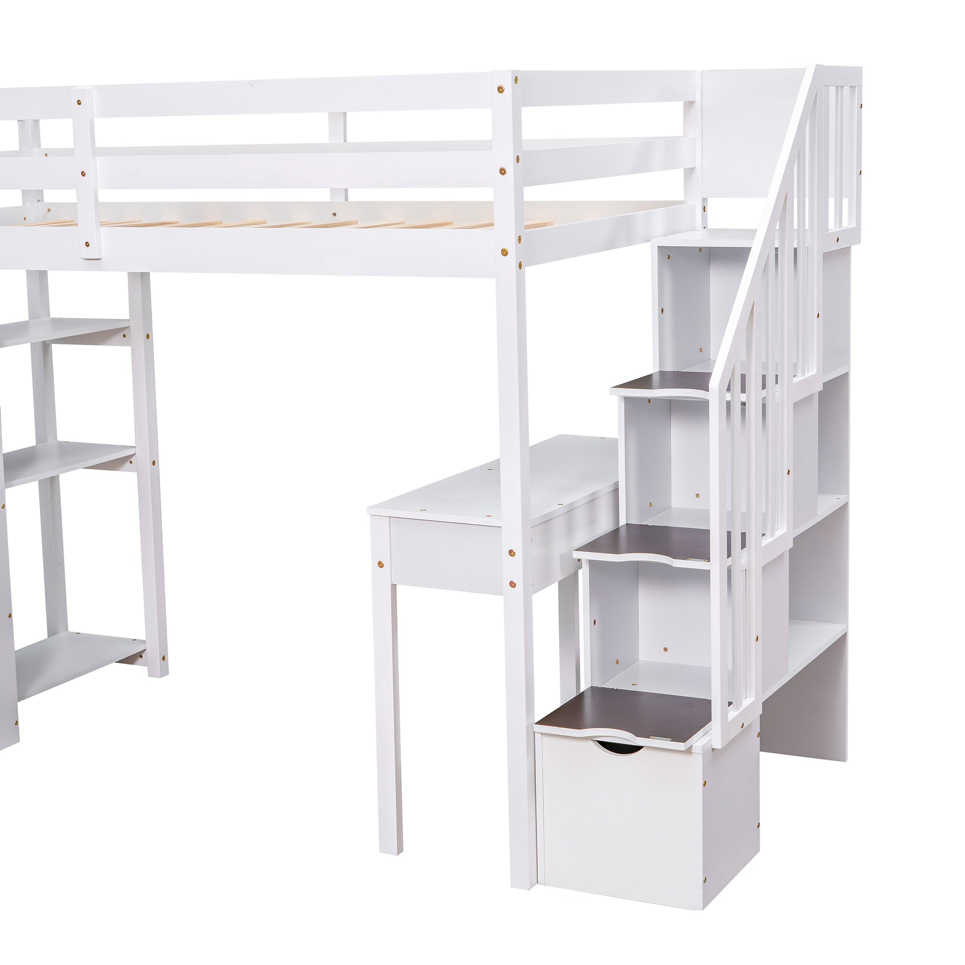 White wooden loft bed with desk and stairs
