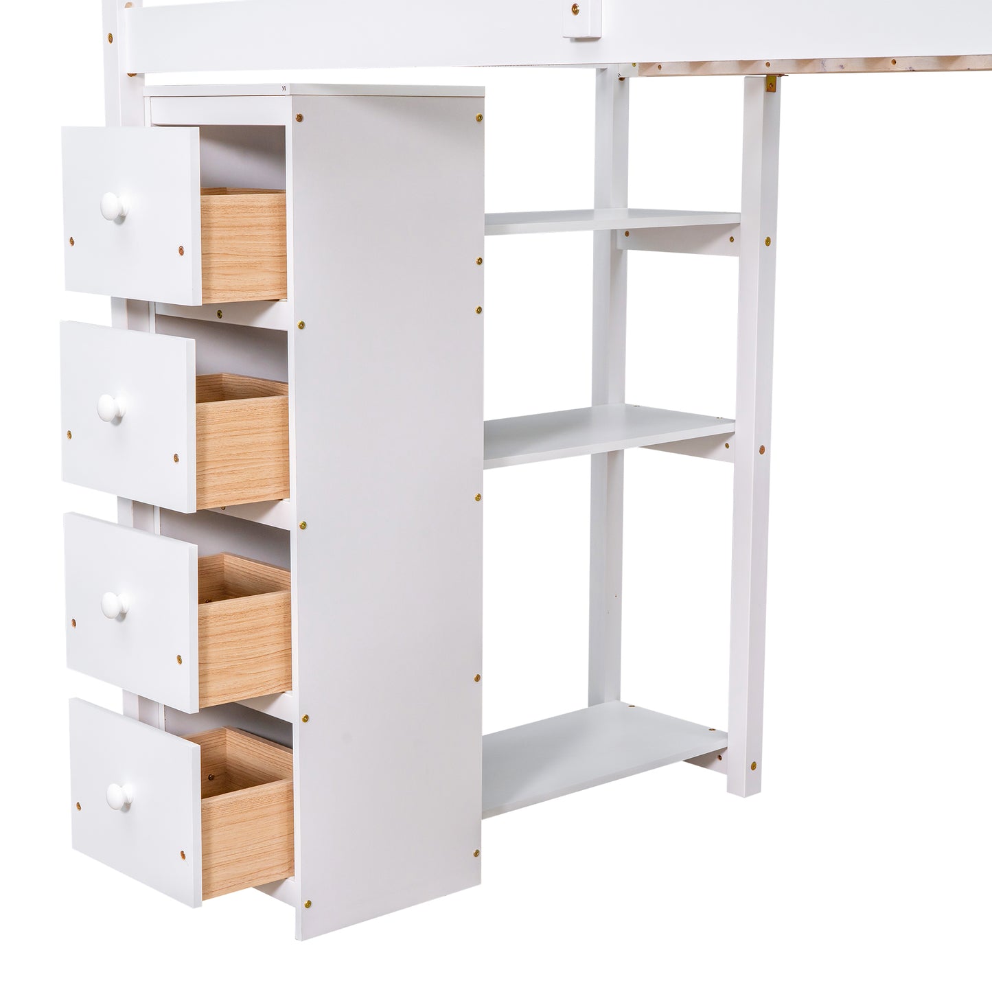 White loft bed with four wooden drawers and open shelving
