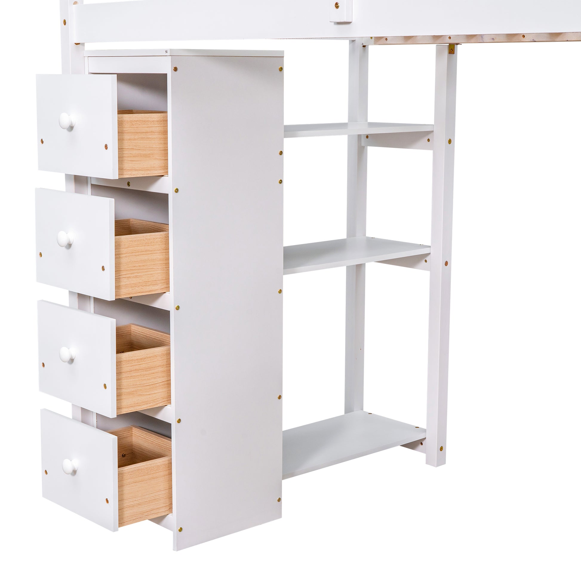 White loft bed with four wooden drawers and open shelving