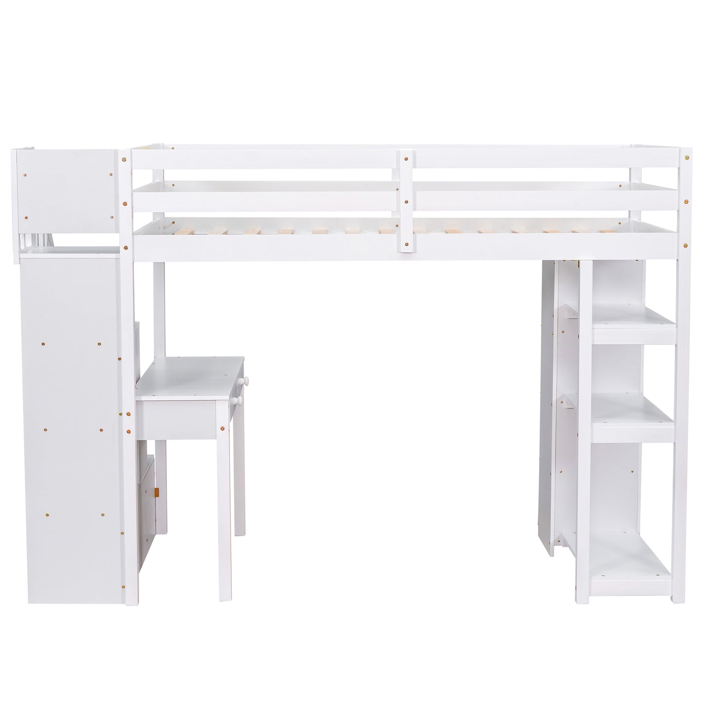 White loft bed with integrated desk and shelves