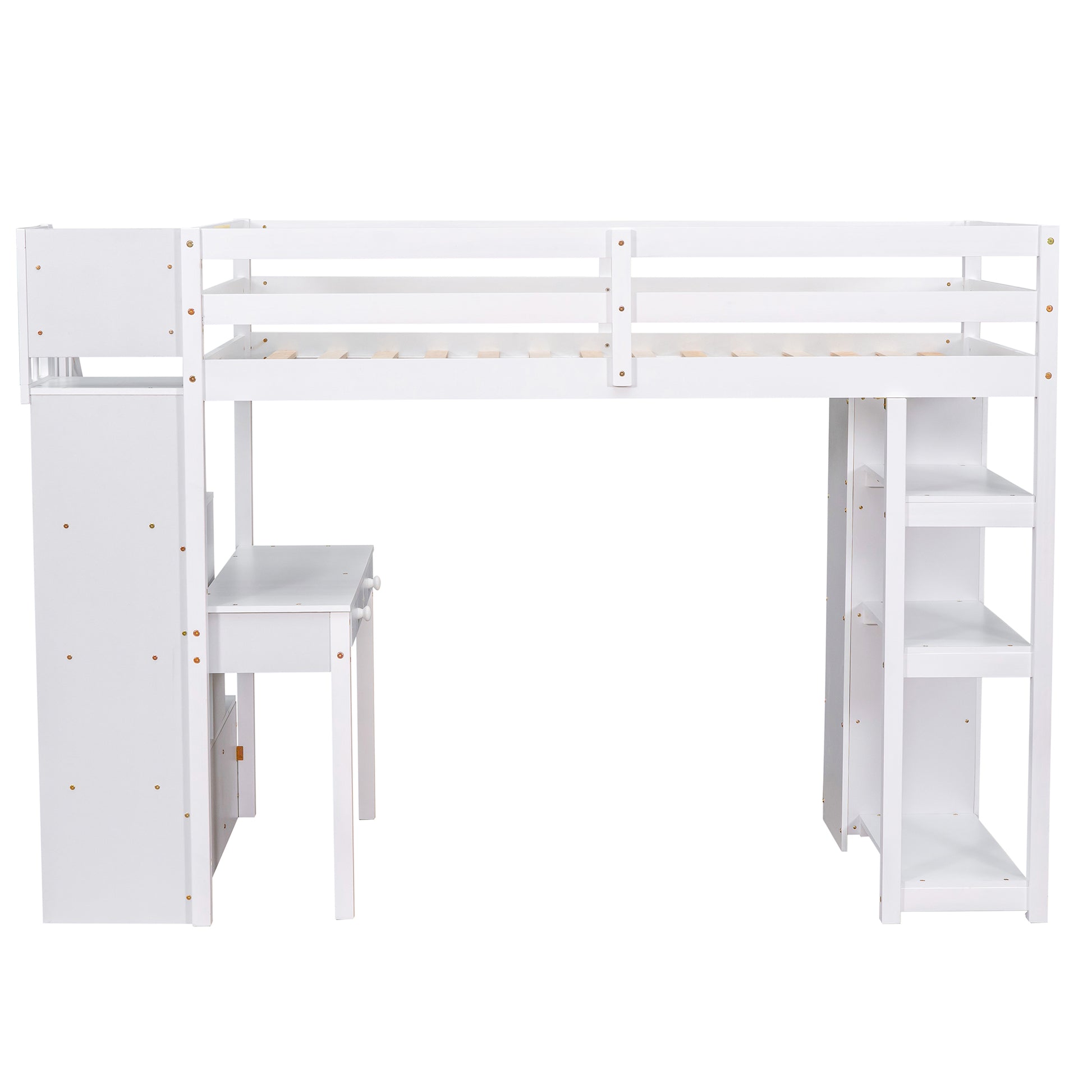 White loft bed with integrated desk and shelves