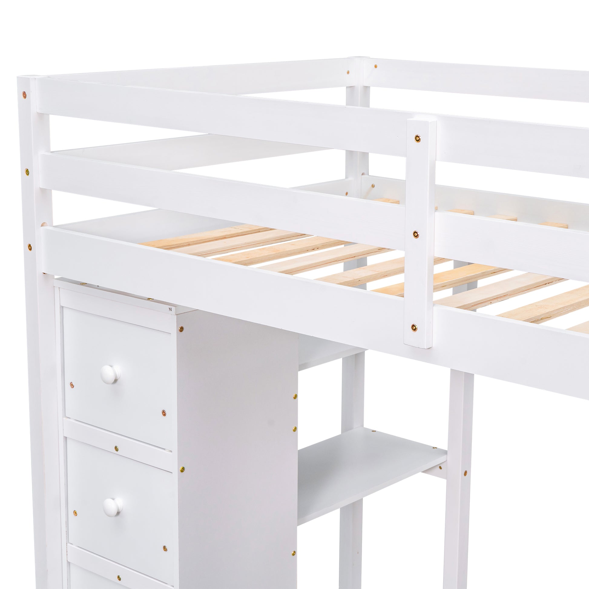 White loft bed frame with drawers and shelves