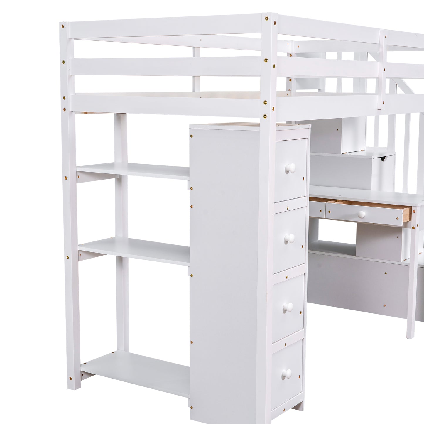 White wooden loft bed with integrated desk and shelves