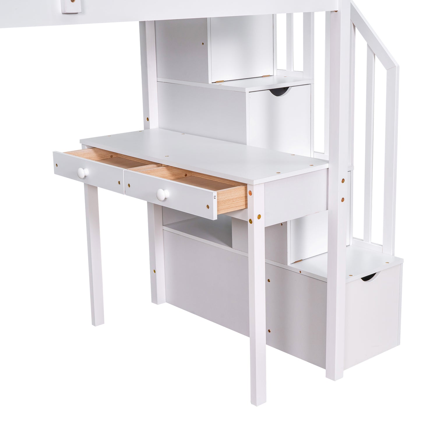 White loft bed with integrated desk and stairs