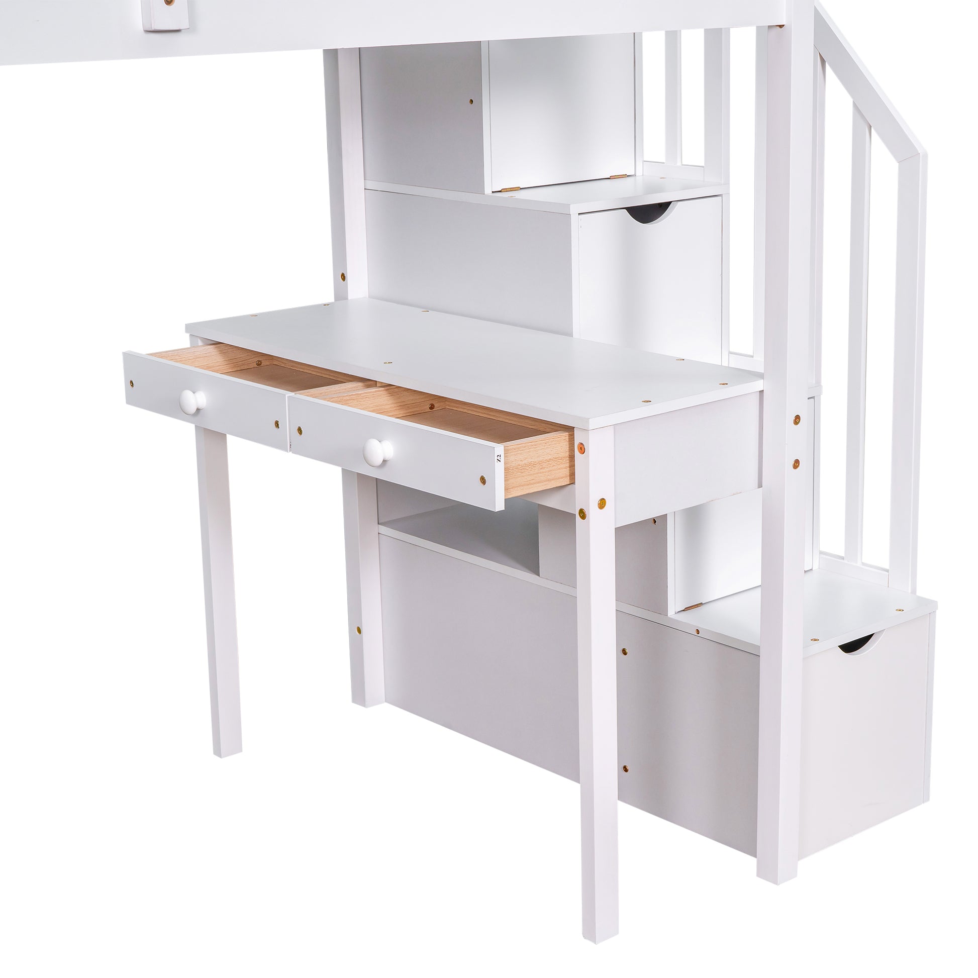 White loft bed with integrated desk and stairs