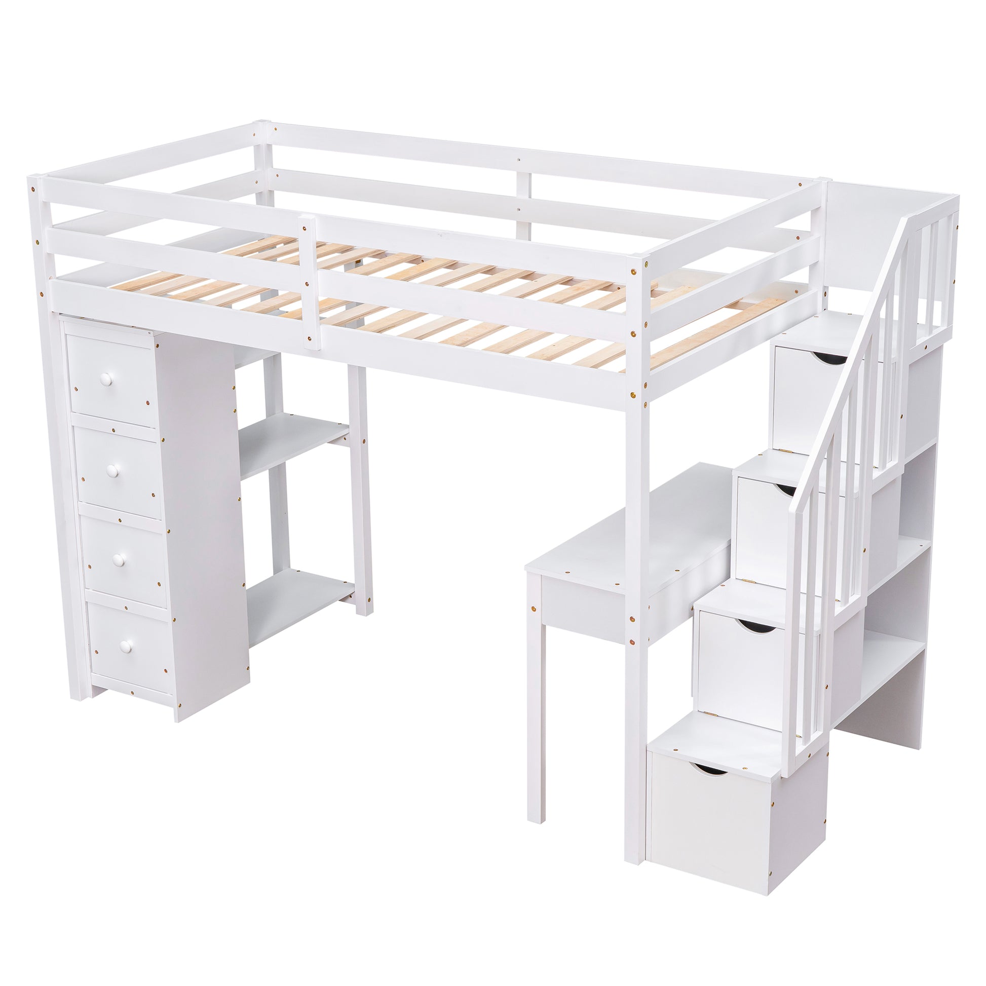 White wooden loft bed with integrated desk and storage drawers