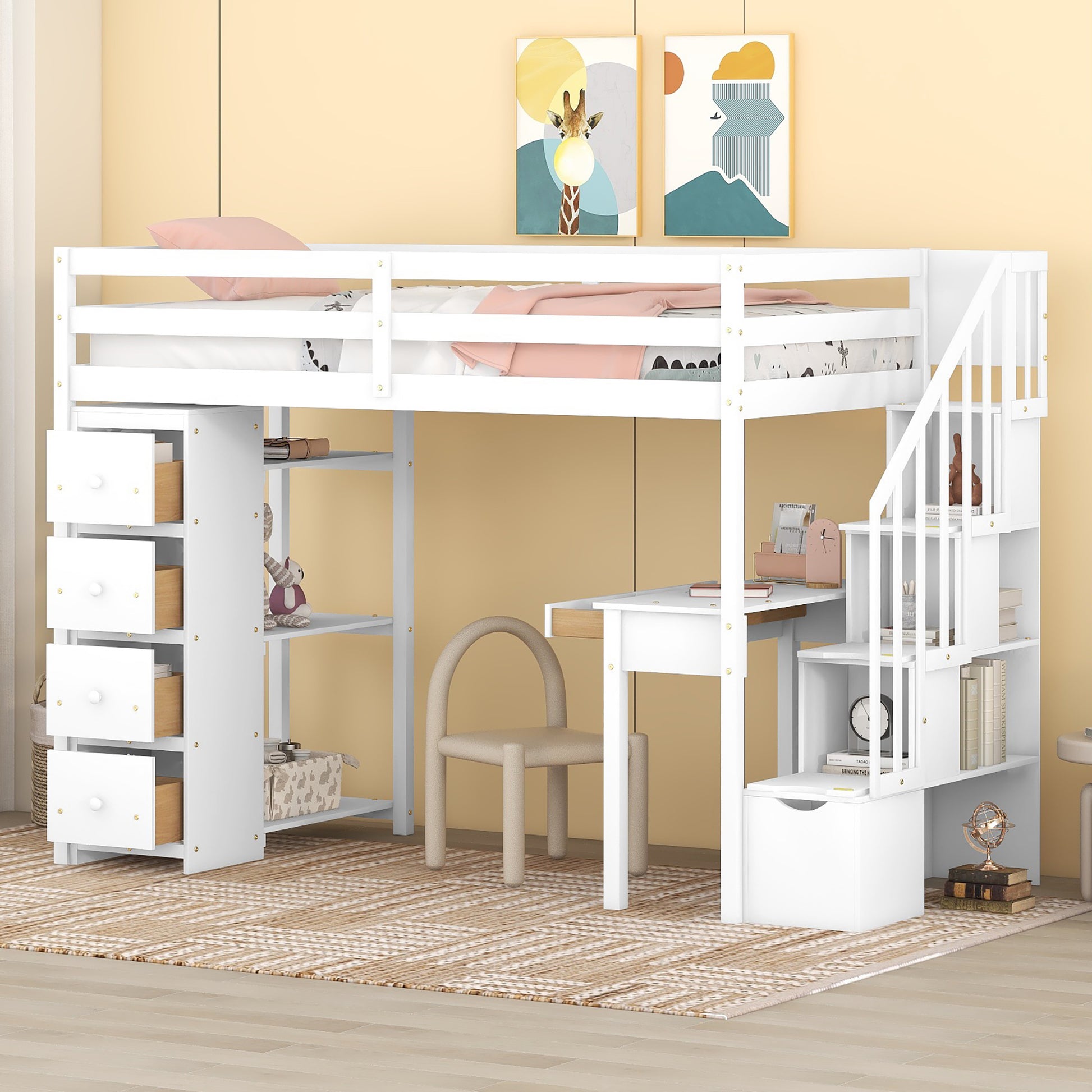 White wooden loft bed with desk and stairs