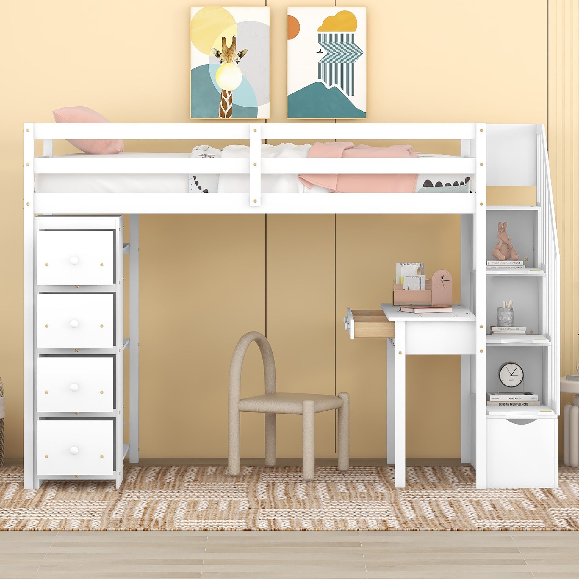 White wooden loft bed with desk and storage drawers for childrens room