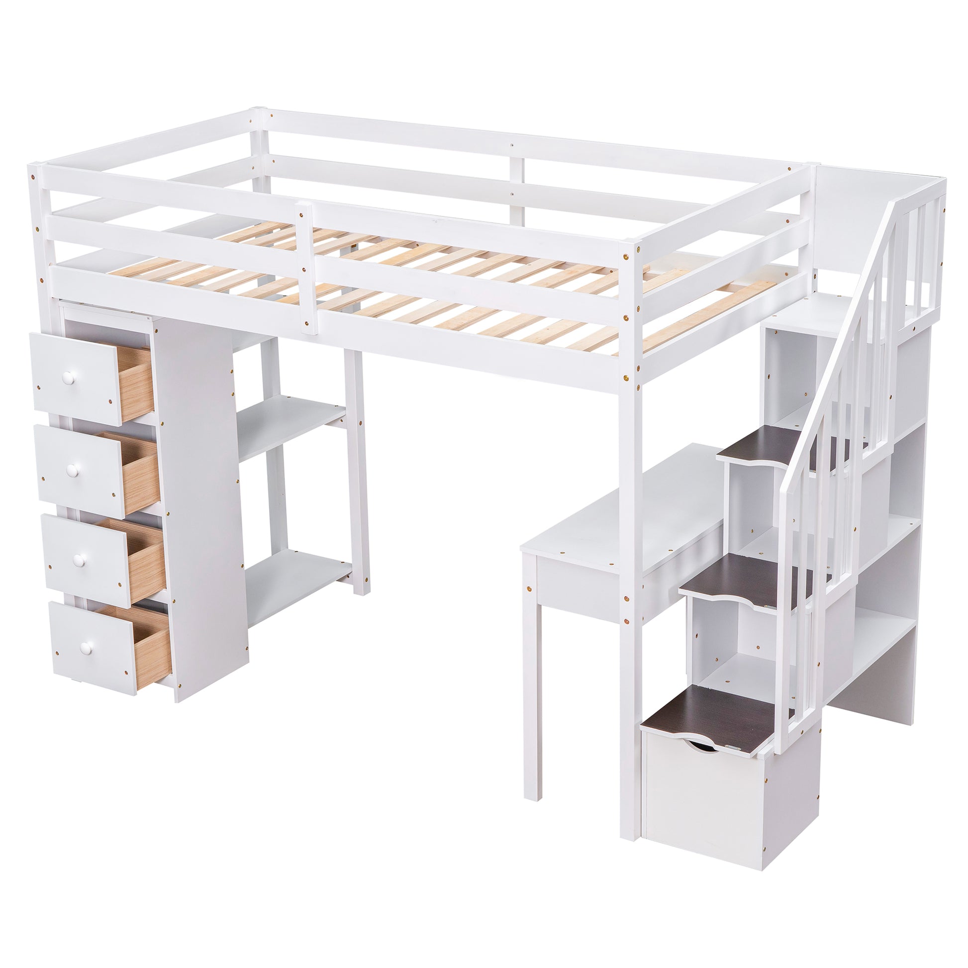 White wooden loft bed with drawers and stairs for kids