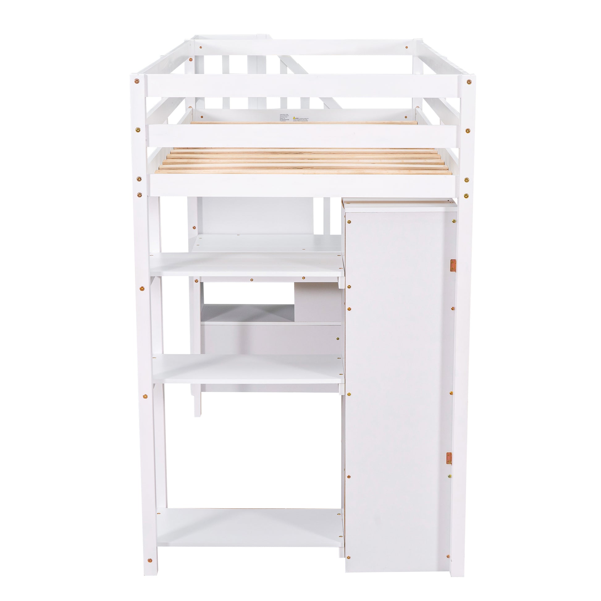 White loft bed with desk and shelves