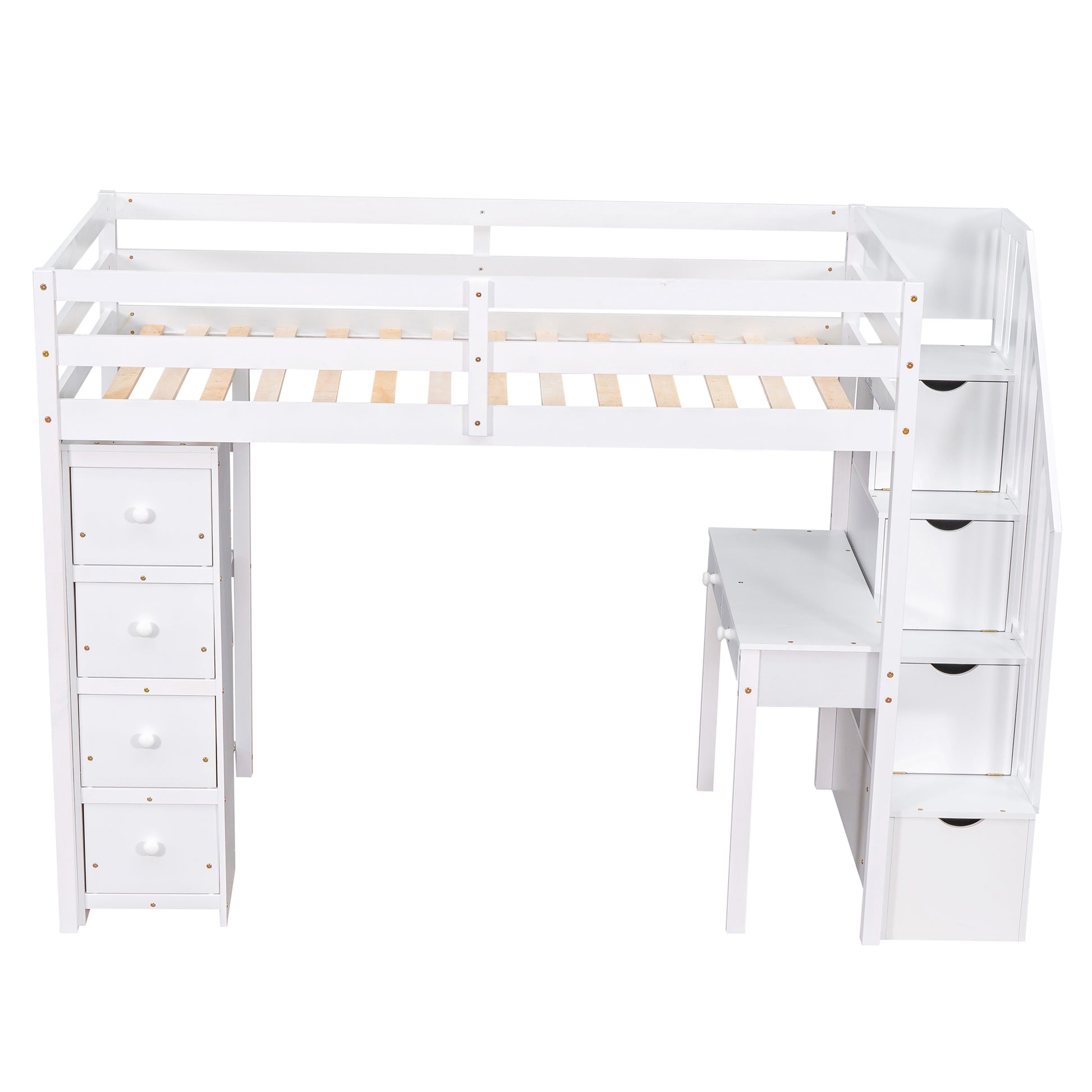 White wooden loft bed with stairs desk and drawers for kids bedroom storage