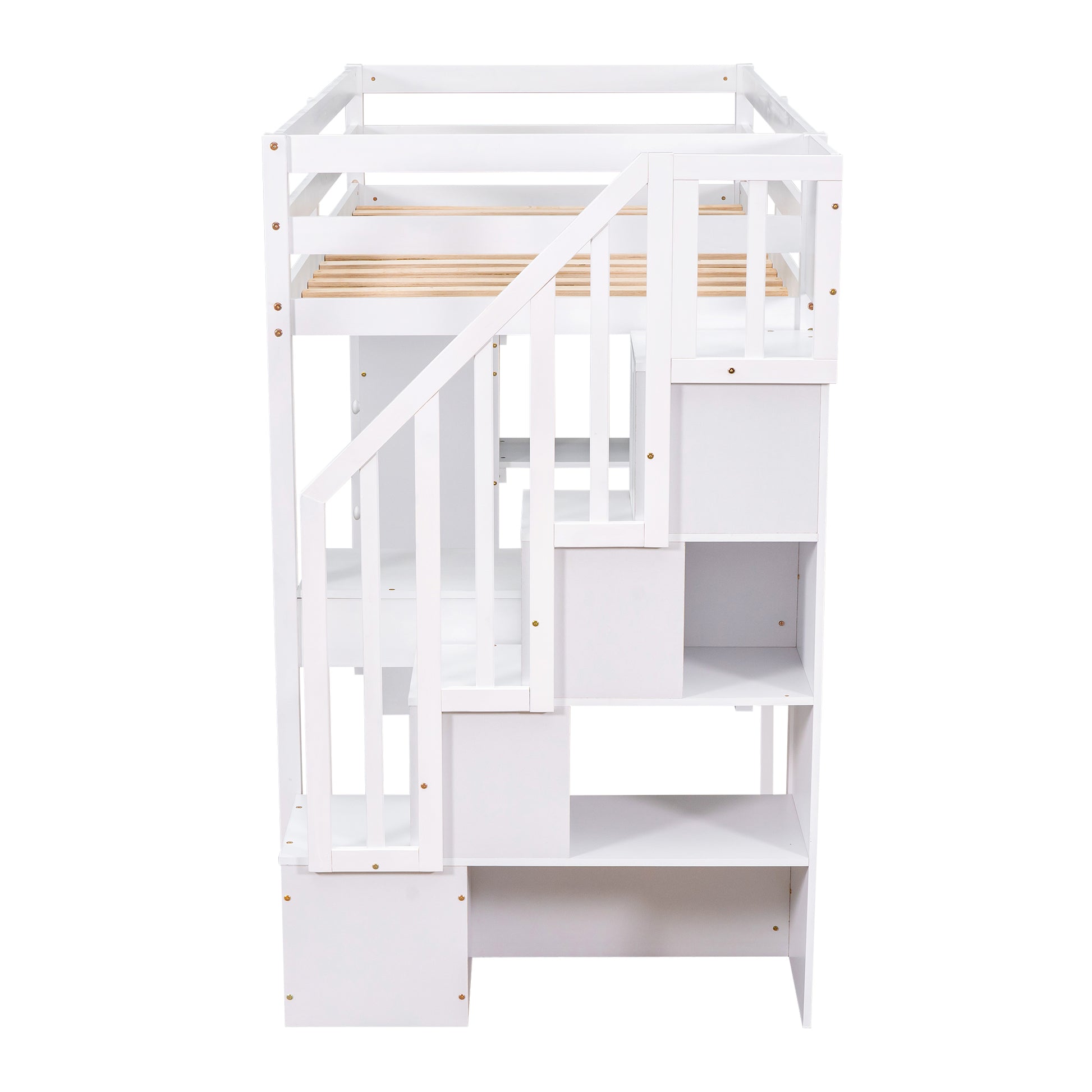 White wooden loft bed with integrated staircase and storage shelves