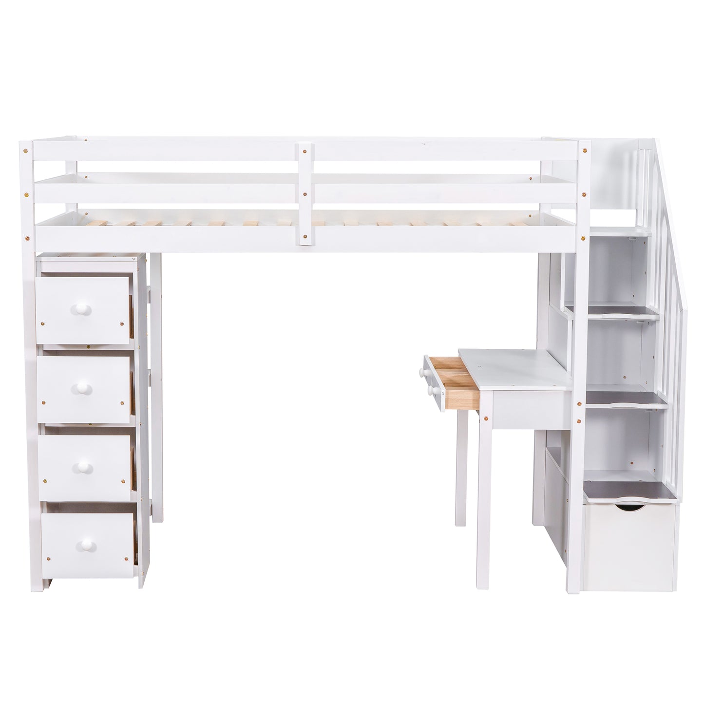 White loft bed with integrated desk and four drawers on the left