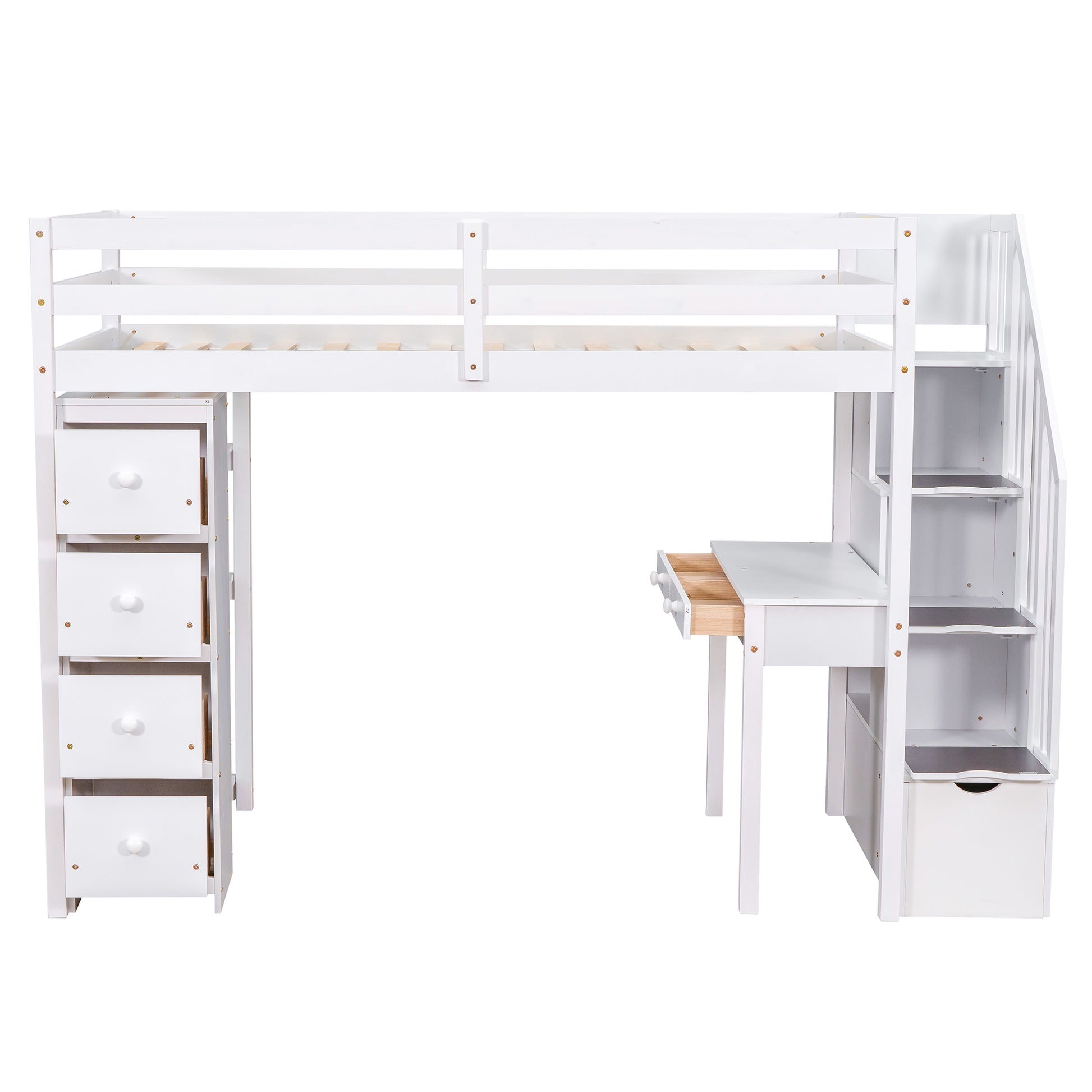 White loft bed with integrated desk and four drawers on the left