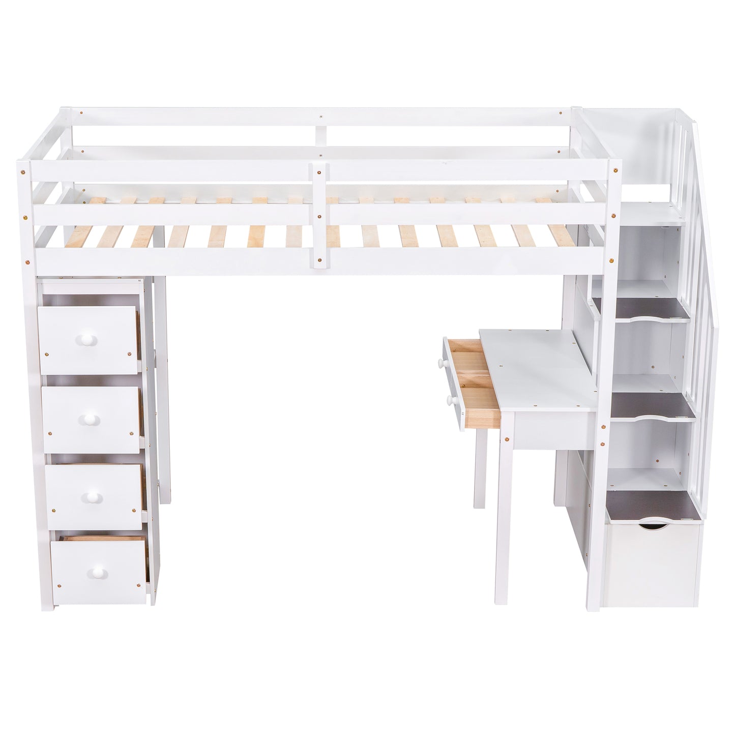 White wooden loft bed with integrated desk and four storage drawers