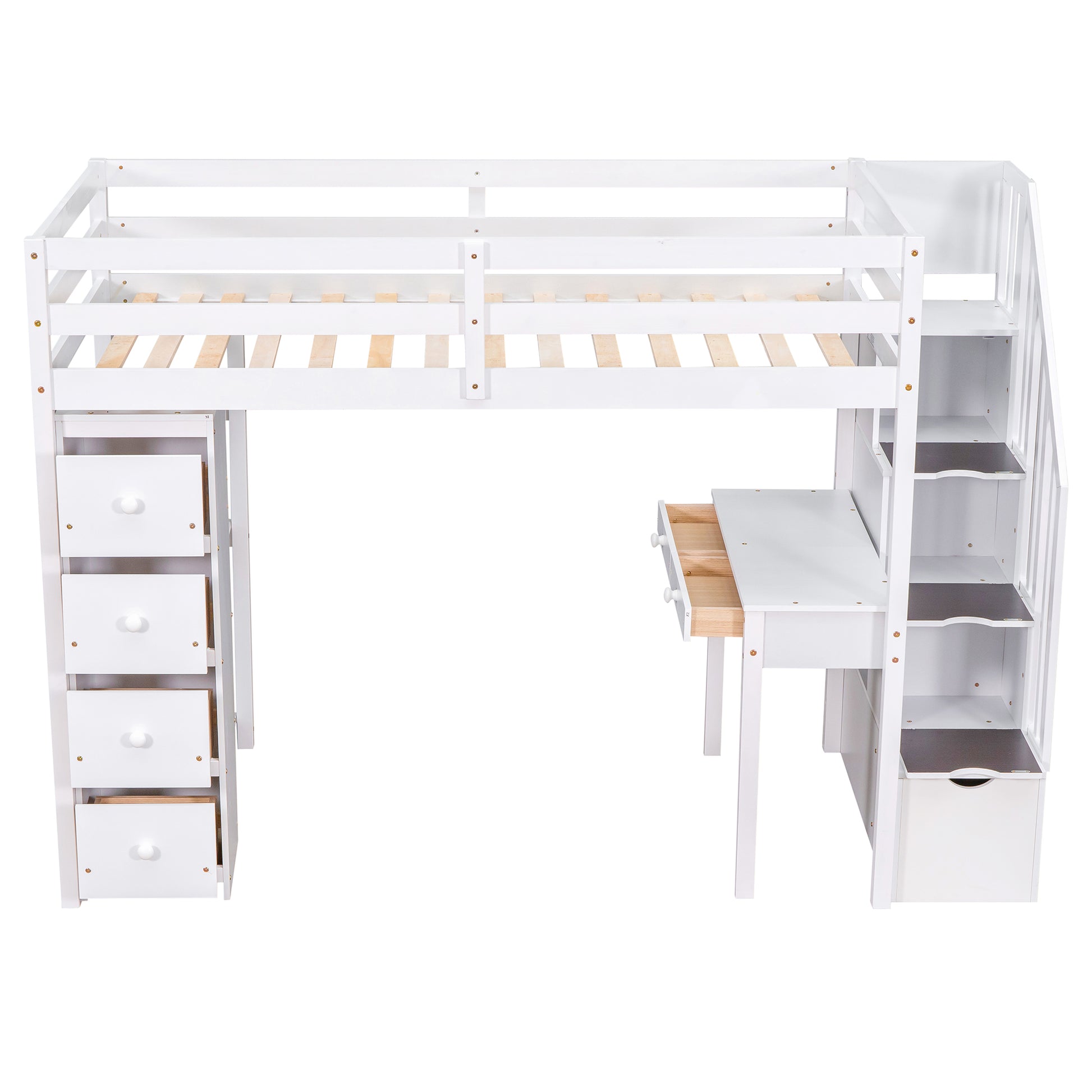 White wooden loft bed with integrated desk and four storage drawers