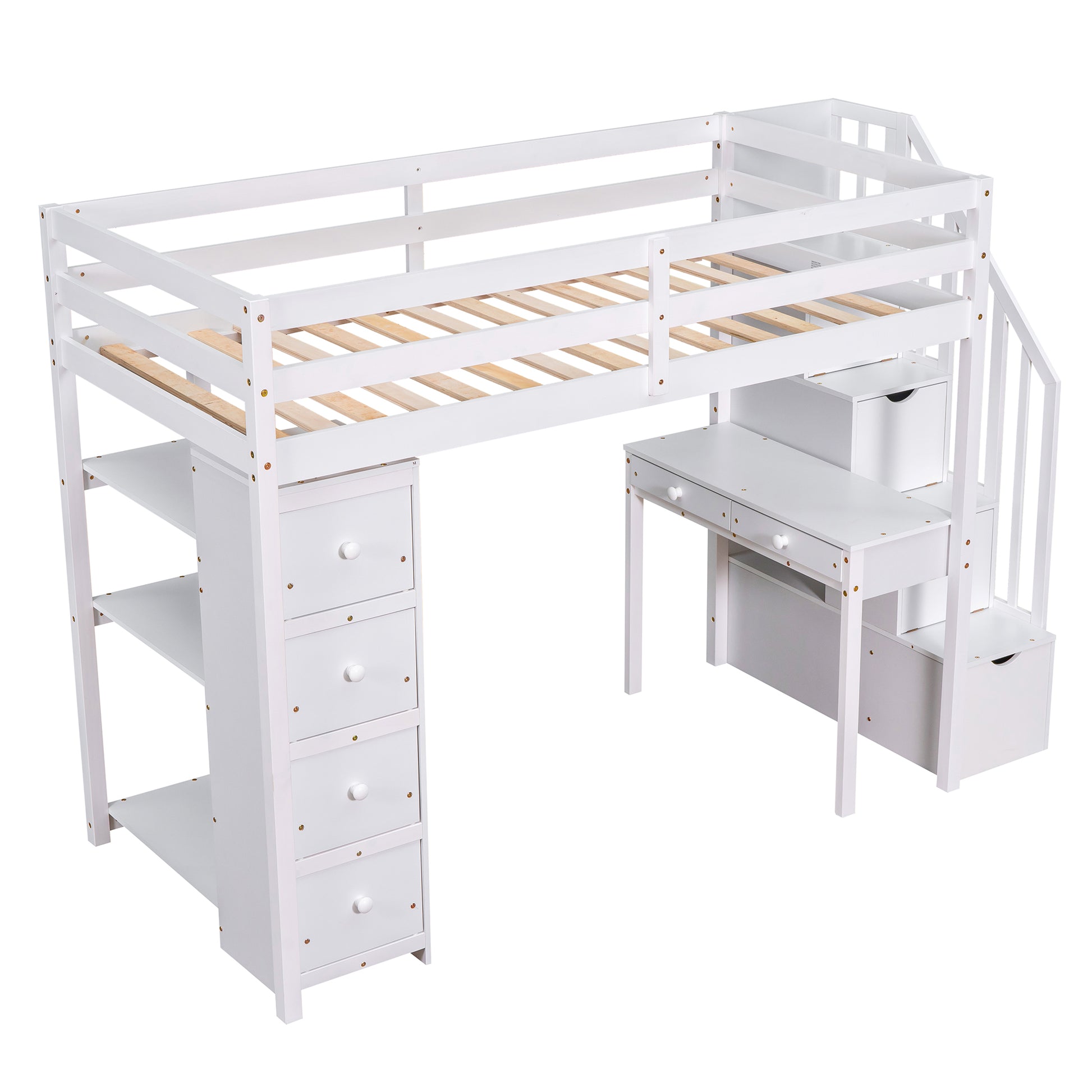 White loft bed with integrated desk and stairs