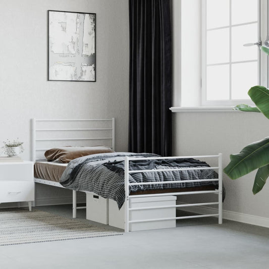 Modern white metal twin bed frame with slatted headboard and footboard