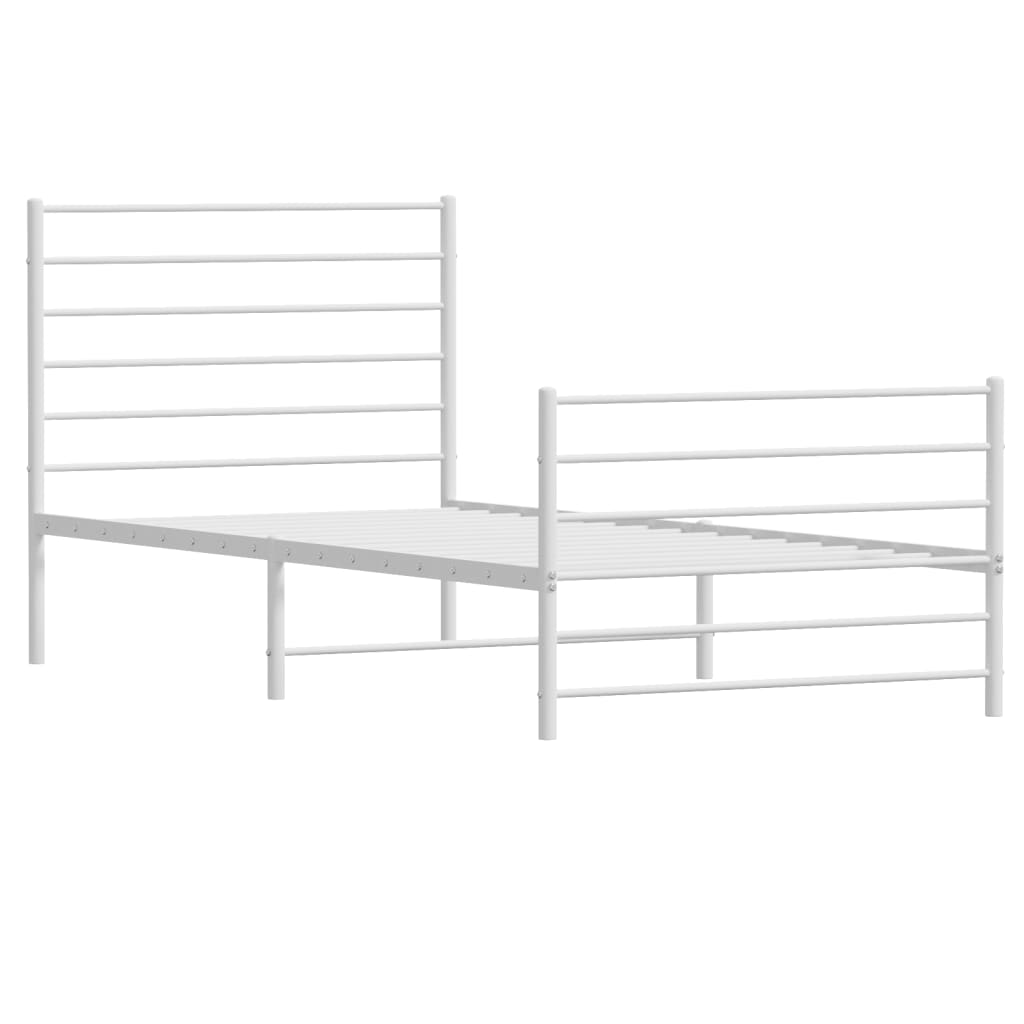 White metal twin bed frame with horizontal slatted headboard and footboard