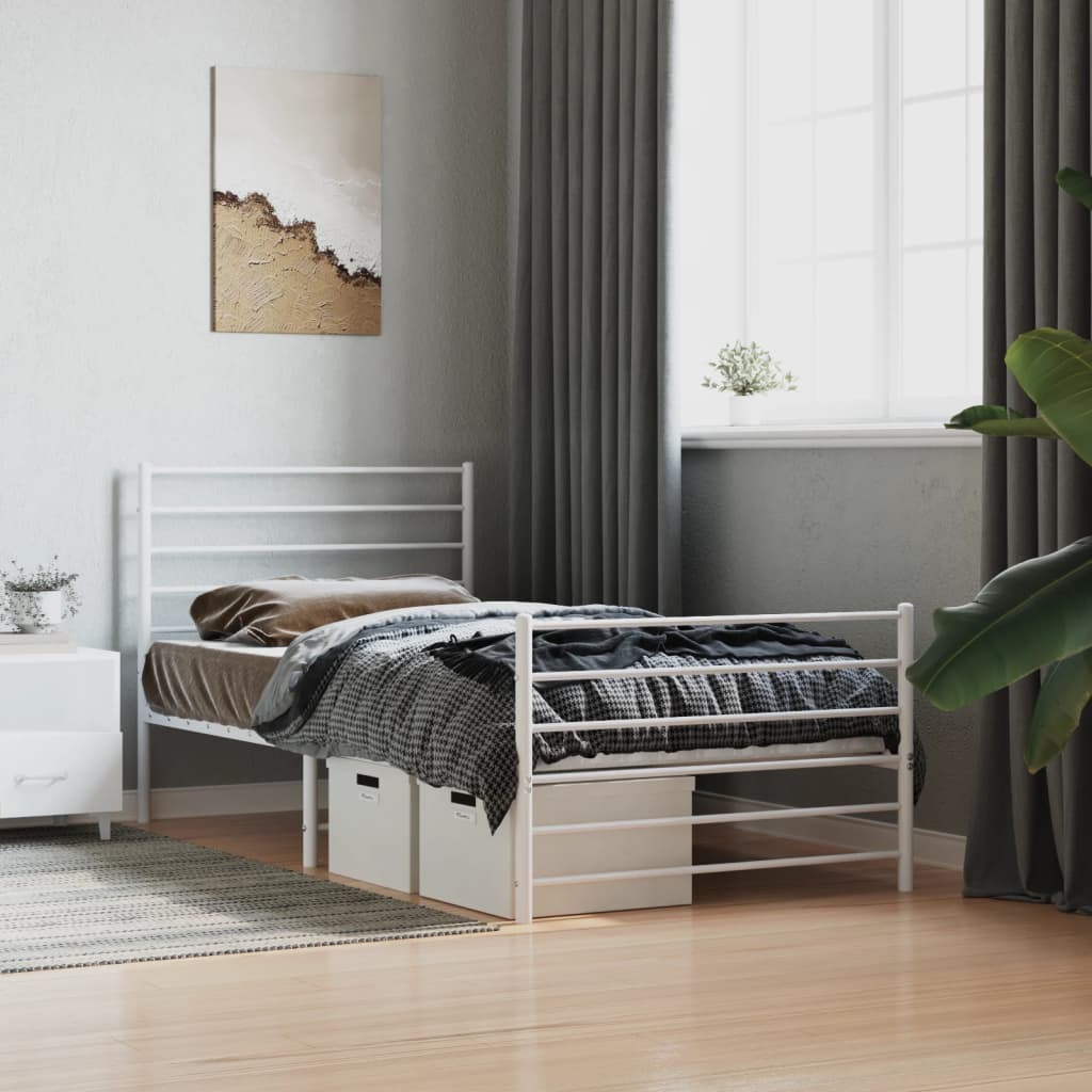 White metal twin bed frame with slatted headboard and footboard