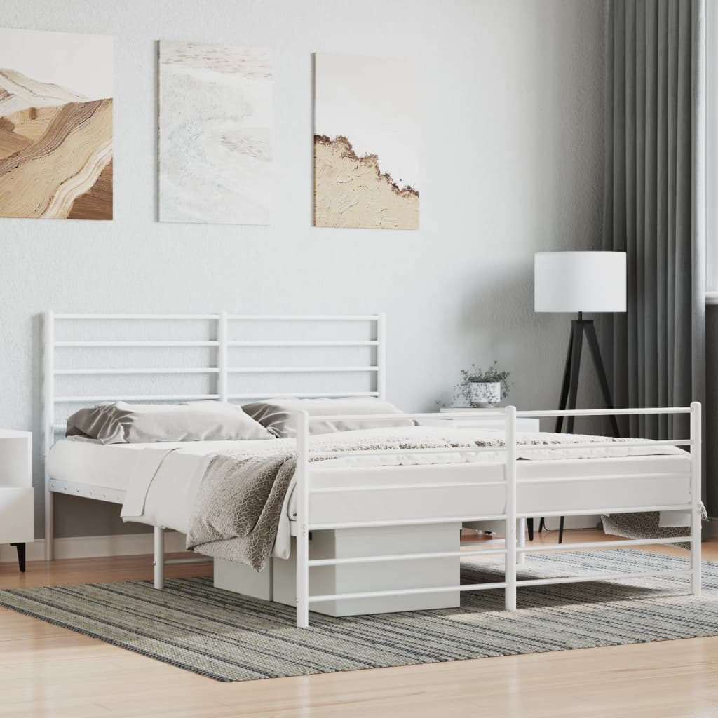 White metal twin bed frame with slatted headboard and footboard featuring underbed storage
