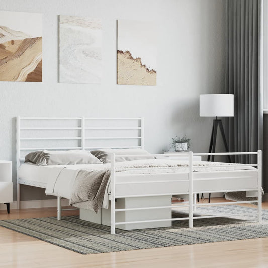 White metal twin bed frame with slatted headboard and footboard featuring underbed storage