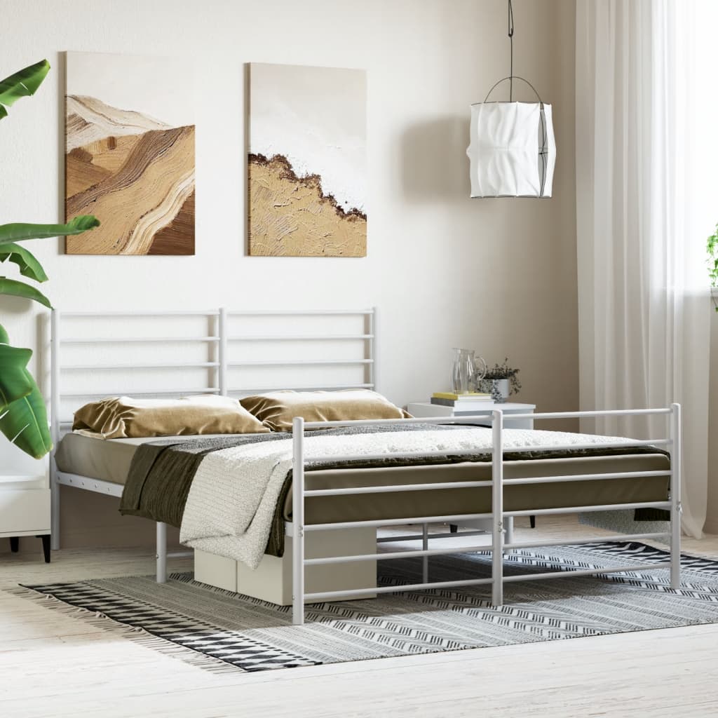 Modern white metal bed frame with slatted headboard and footboard featuring neutral toned bedding