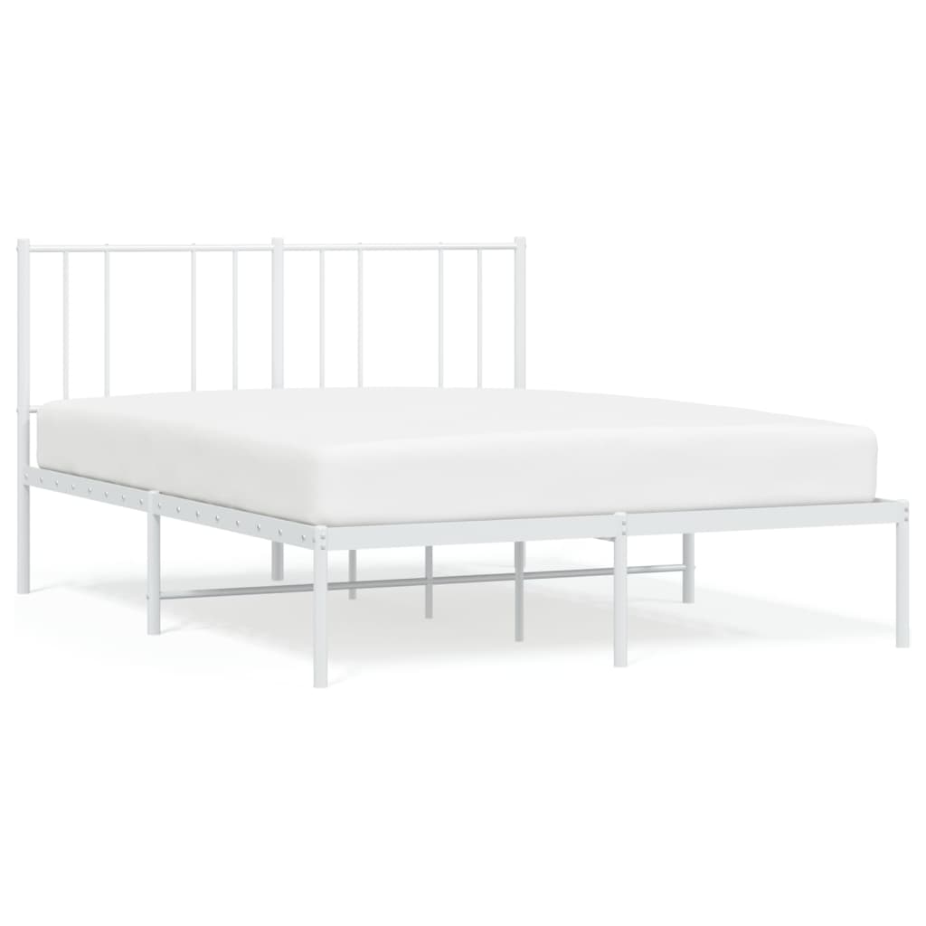 Wooden platform bed frame with a simple headboard featuring measurements for length and height