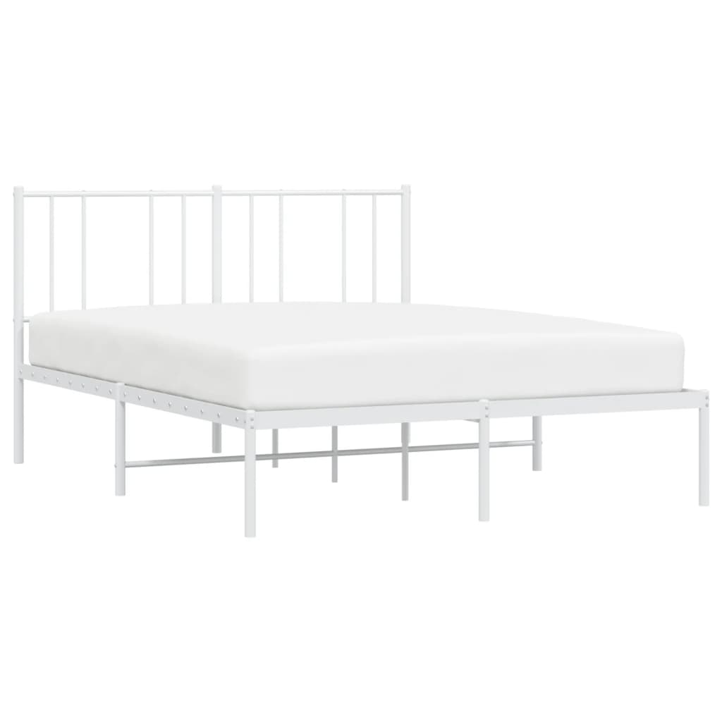 White metal bed frame with a minimalist headboard and slatted base
