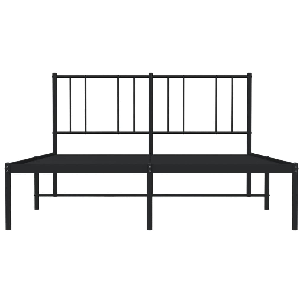 Black metal bed frame with vertical slats on the headboard