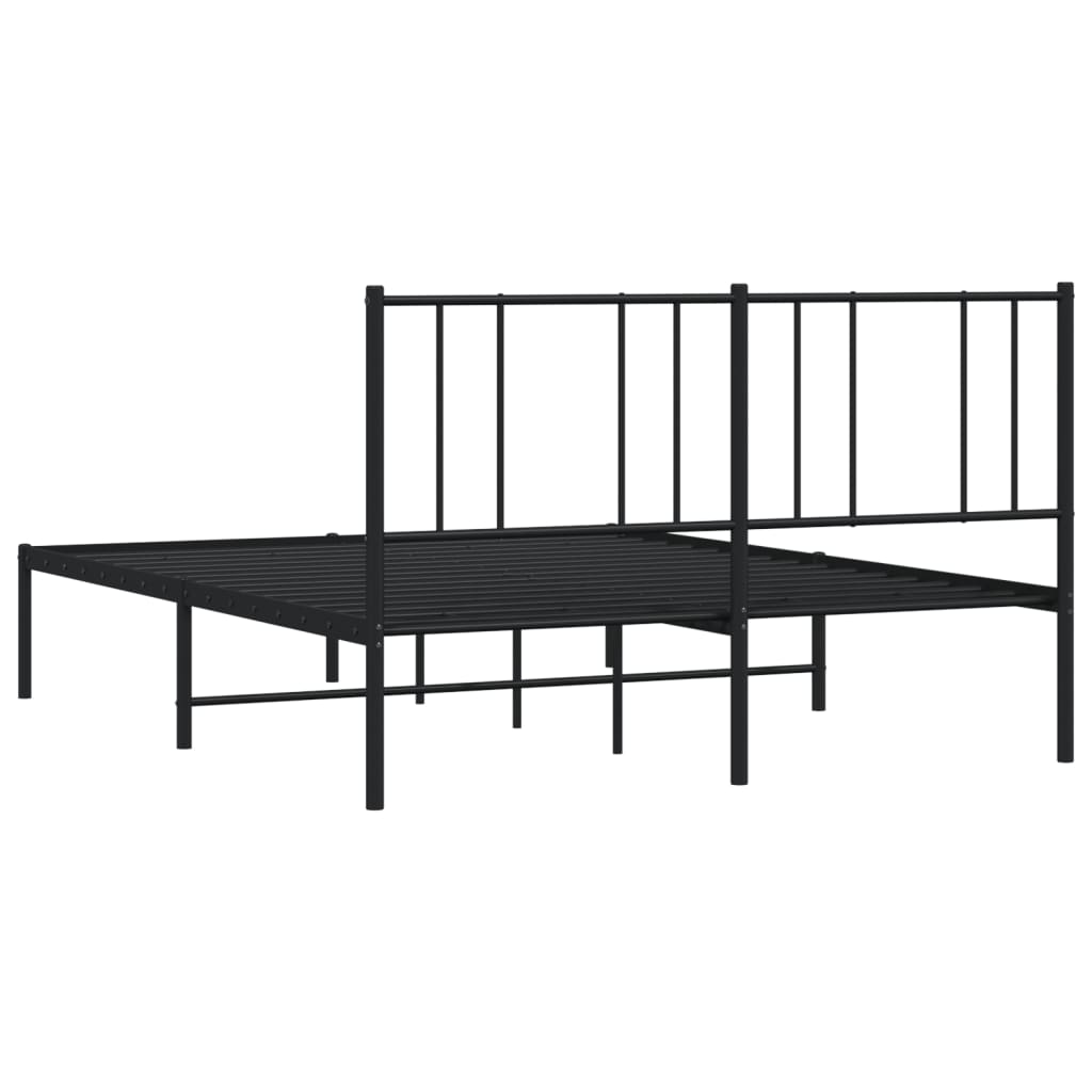 Black metal twin bed frame with vertical slats on headboard