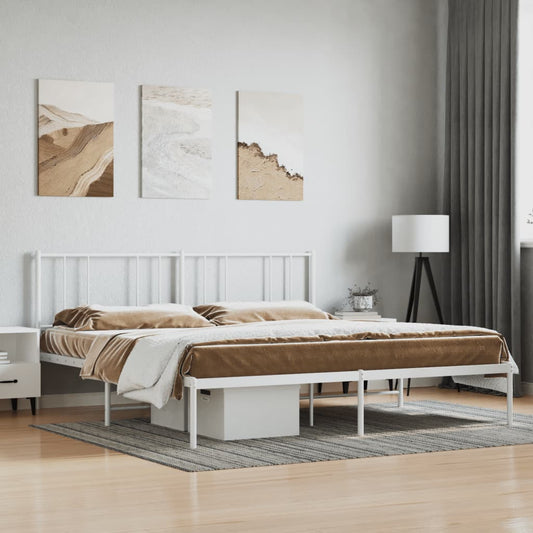 Minimalist white metal bed frame with slatted headboard and footboard
