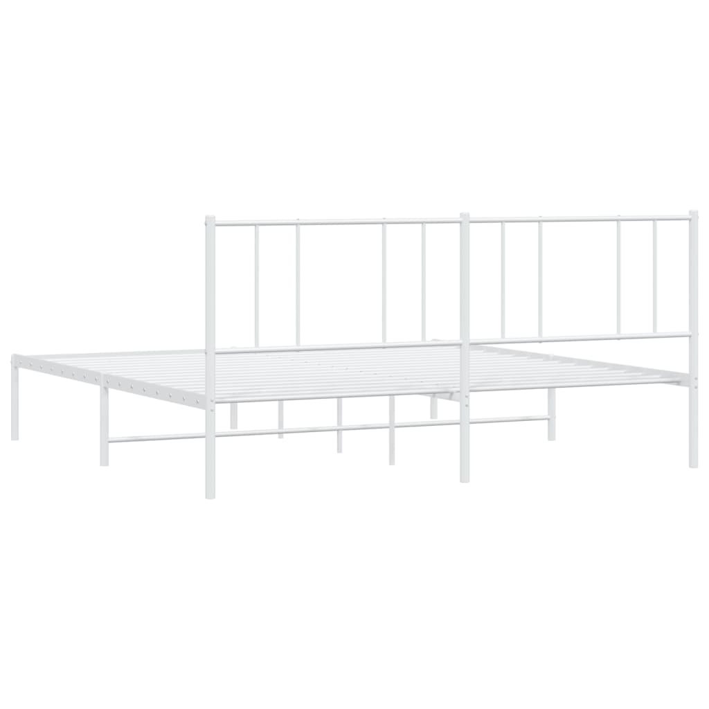 White metal bed frame with a slatted base and vertical headboard