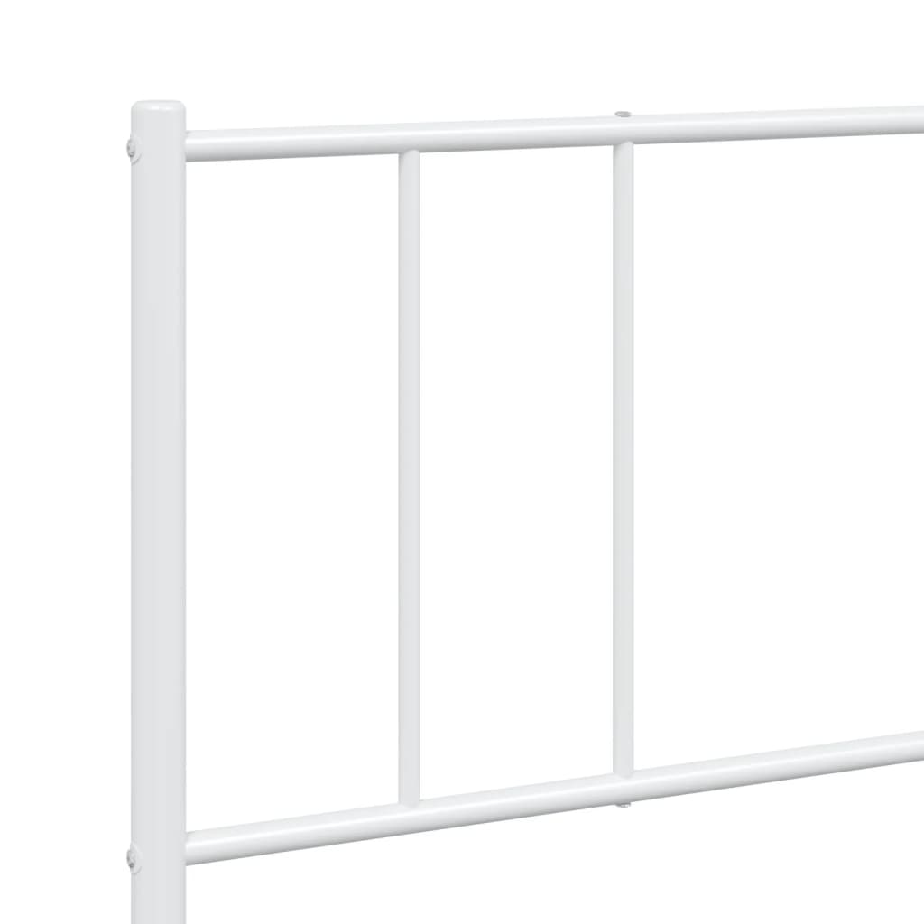 White metal twin bed frame with a slatted base and minimalist headboard