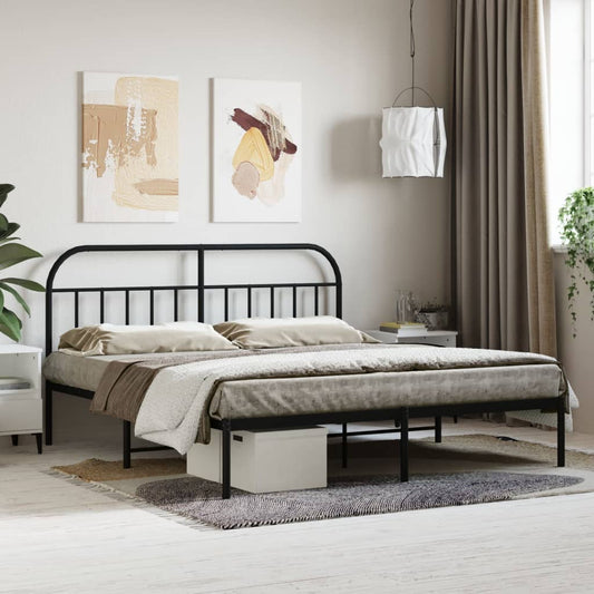 Black metal bed frame with arched headboard and footboard